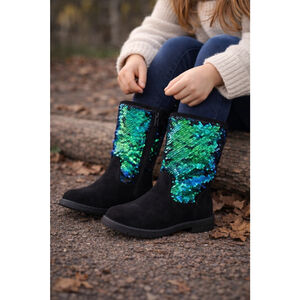 Girls Cupcake Couture Sz 1 Mid-Calf Boots Black Suede and Mermaid Green Sequins